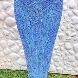 Sky Blue Embellished Lace Fabric – Luxury Beaded Evening Couture 5 Yards