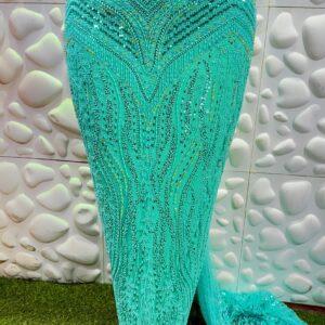 Turquoise Aqua Beaded Lace Fabric – Premium Crystal Embellished 5 Yards